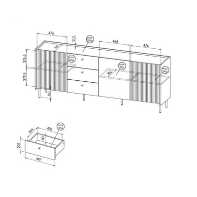 Desenho técnico de móvel de armazenamento com portas e gavetas, dimensões e cargas