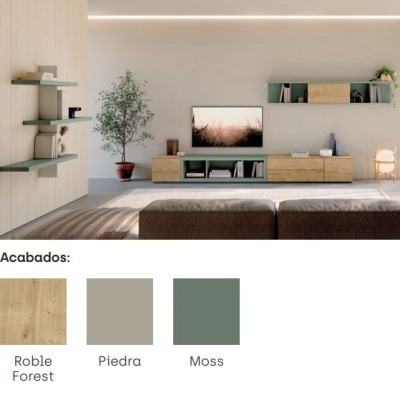 Sala de estar moderna com móveis de madeira clara e decoração minimalista