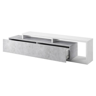 Aparador moderno branco com gaveta cinza cimento texturizada