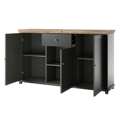 Móvel de arrumação preto com tampo em madeira clara, portas abertas e gaveta aberta.