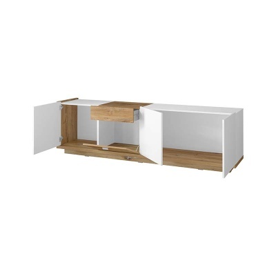 Móvel de arrumação branco com interior em madeira e portas abertas