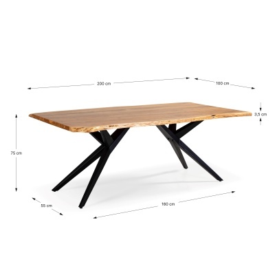 Mesa de madeira com tampo natural e base preta metálica