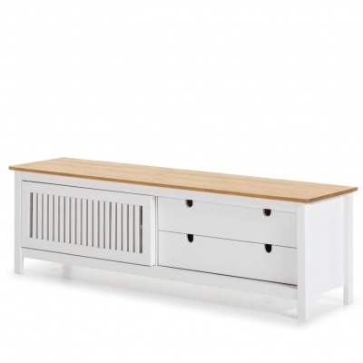 Móvel aparador branco com tampo em madeira natural, porta de correr com ranhuras e gavetas.