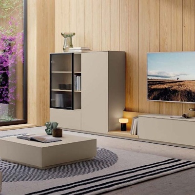 Sala de estar moderna com móveis modulares cinza e madeira clara, televisão pendurada e janela grande com plantas roxas