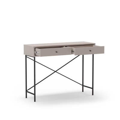 Secretária cinzenta com duas gavetas e estrutura metálica preta