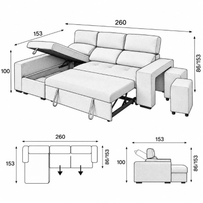 Imagem técnica de sofá chaise longue com sofá-cama e medidas em centímetros