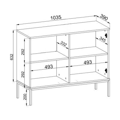 Móvel retangular com quatro compartimentos e pernas metálicas