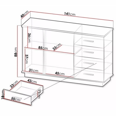 Desenho técnico de móvel branco com medidas detalhadas em centímetros.