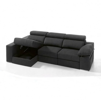 Sofá seccional cinza-escuro com armazenamento oculto aberto no lado esquerdo