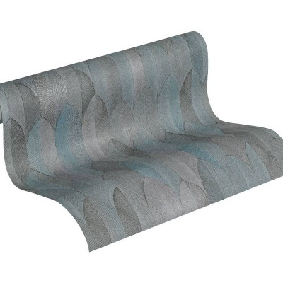 Rolo de papel de parede cinza e azul com padrão abstrato curvado