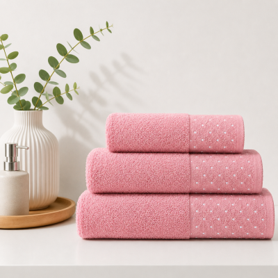 Três toalhas cor de rosa empilhadas com padrão de bolinhas brancas, ao lado de frasco de sabonete e vaso branco com folhas verdes.