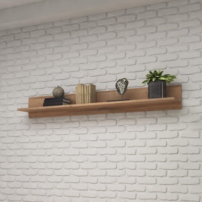 Prateleira de madeira castanho claro numa parede de tijolos decorativos brancos com objetos decorativos em cima