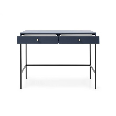 Secretária azul escura com gavetões e pés metálicos pretos