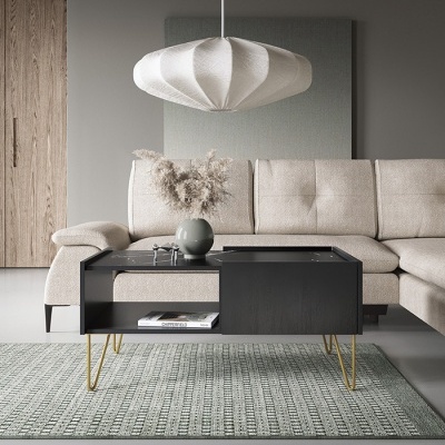 Mesa de centro preta com vaso e tapete cinza com sofá bege e luminária branca