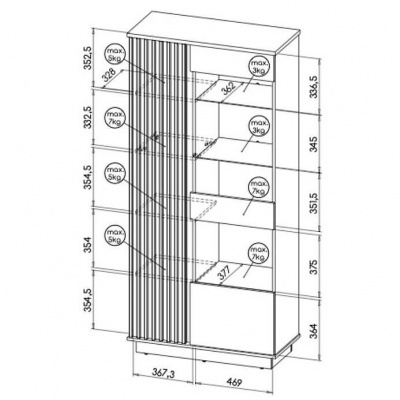 Desenho técnico de estante com medidas e capacidades máximas de carga