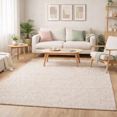 Sala de estar com sofá bege e móveis em madeira clara sobre tapete bege