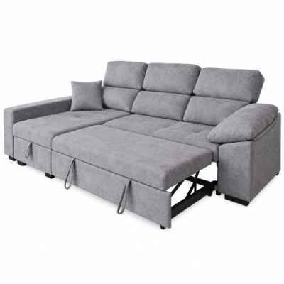 Sofá-cama cinza claro em tecido com almofadas e estrutura metálica visível