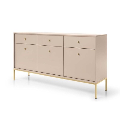 Aparador bege com gavetas e portas em fundo branco