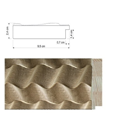 Painel decorativo em madeira com padrão ondulado e diagrama de medidas.