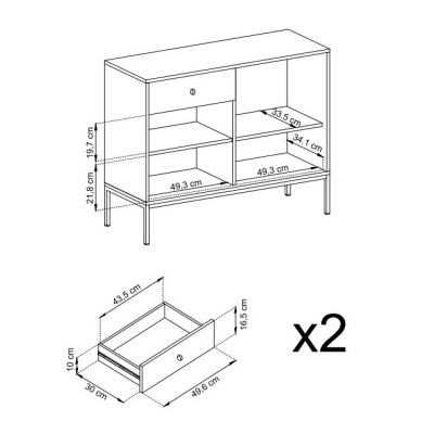 Esquema técnico de móvel com gavetas e medidas em centímetros.
