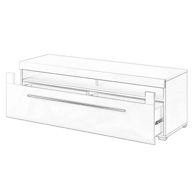 Móvel branco de madeira com gavetão aberto e prateleiras internas