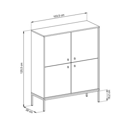 Imagem técnica de um armário com quatro portas e pés altos em preto e branco
