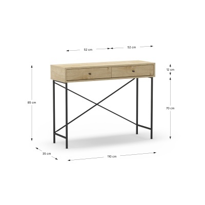 Mesa de consola em madeira clara com estrutura metálica preta e dois gavetões