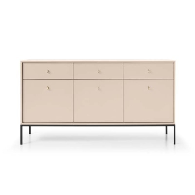Móvel moderno bege com seis puxadores e pernas pretas