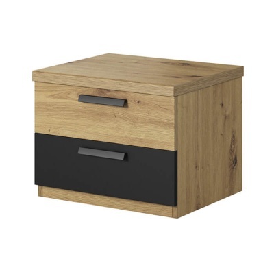 Mesa de cabeceira em madeira clara e preta com duas gavetas e puxadores pretos