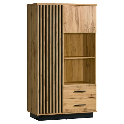 Estante de madeira estilo carvalho com portas, gavetas e prateleiras abertas