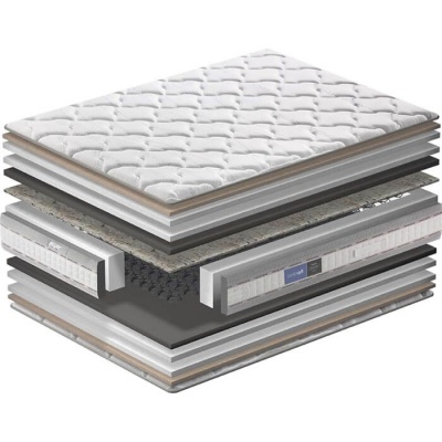 Colchão desmontado mostrando várias camadas e sua textura acolchoada superior