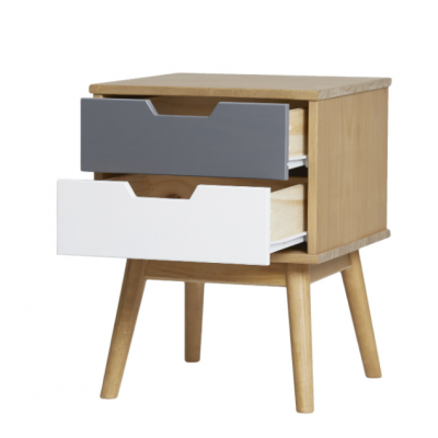 Criado-mudo de madeira com gavetas cinza e branca