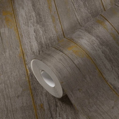 Rolo de papel de parede com padrão madeira cinza e amarelo