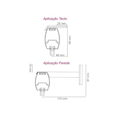 Desenho técnico de suporte para tecto e parede com medidas e texto explicativo