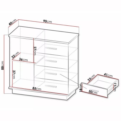Desenho técnico de móvel com gavetas e medidas em centímetros