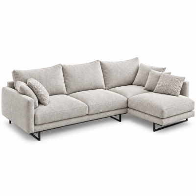 Sofá em L cinzento claro com chaise longue e almofadas