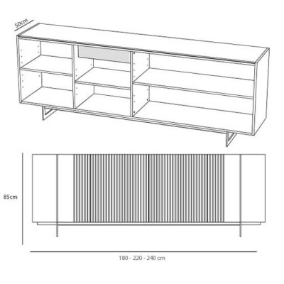 desenho técnico de móvel aparador com prateleiras e três tamanhos ajustáveis