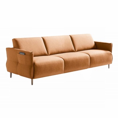 Sofá três lugares em tecido laranja com pernas metálicas e bolso lateral