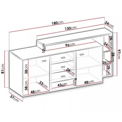 Desenho técnico de móvel com medidas detalhadas em centímetros.