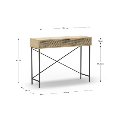 Consola madeira clara gaveta padrão geométrico estrutura metálica preta