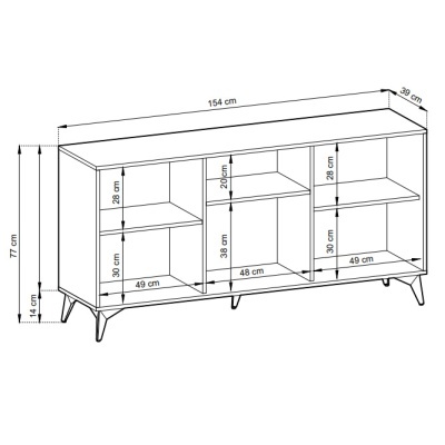 Desenho técnico de móvel em madeira com medidas e prateleiras abertas