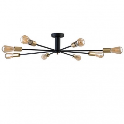 Candeeiro de teto preto e dourado com oito lâmpadas de filamento