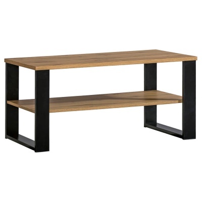 Mesa de centro retangular em madeira e metal preto