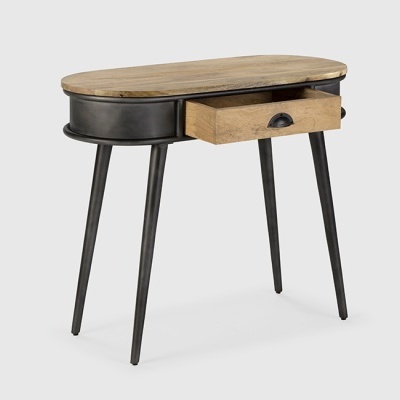 Mesa de apoio oval em madeira e metal preto com gaveta