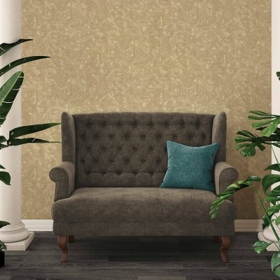 Sofá cinza escuro com almofada azul entre colunas brancas e plantas verdes