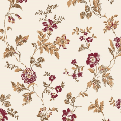 Papel de parede floral vermelho, bege e castanho sobre fundo creme