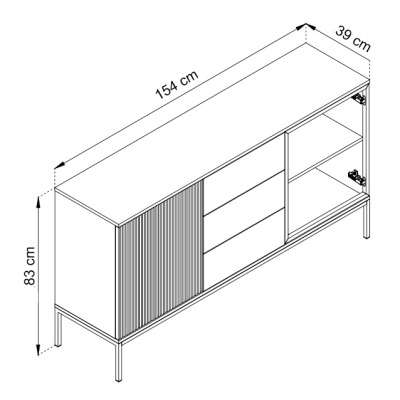 Desenho técnico de cómoda com dimensões 154x39x83 cm, portas e prateleiras internas