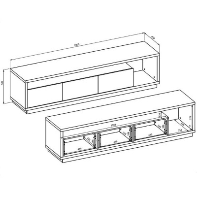Desenho técnico de móvel retangular com portas e compartimentos internos, medições em milímetros.