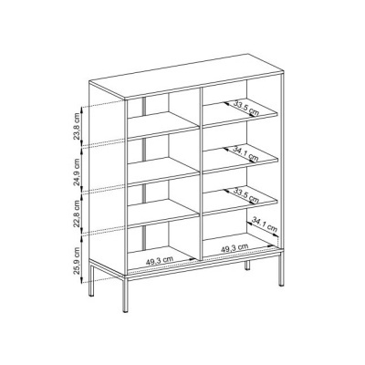 Estante de madeira clara com prateleiras e estrutura metálica preta com medidas em centímetros