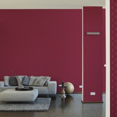 Sala moderna com parede vermelha e sofá cinzento